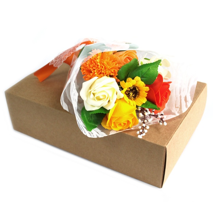 Buchet de flori din sapun in cutie, nuante orange
