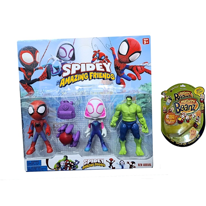 Spidey Amazing Friends & Hulk figura készlet, 12 cm+Mighty Moose Beanz 6 figura