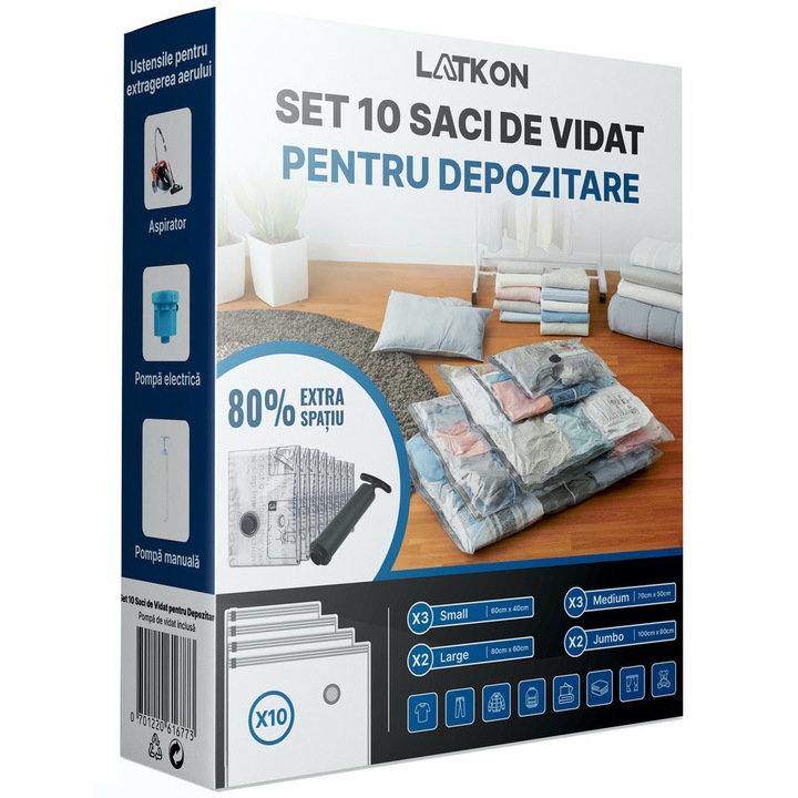 Set 10 Saci Vidat Haine, Latkon®, Pompa Manuala Inclusa, 10 Saci cu Valva Vacuum, Dimensiuni 40x60, 50x70, 60x80, 80x100 cm, Saci Vidat cu Fermoar Etans, Material Plastic Transparent, Depozitare Textile, Organizare Dulapuri si Bagaje, Transparent
