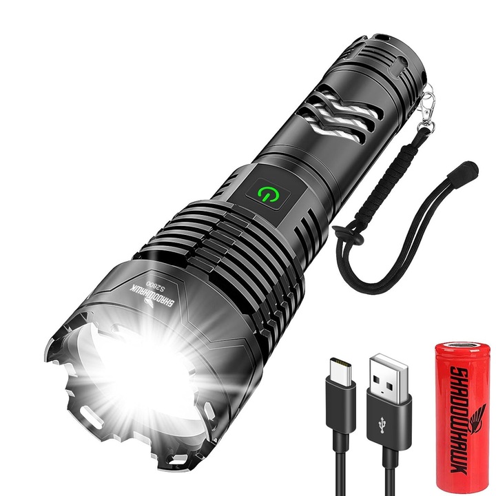 LED фенер, алуминий, 30000 лумена, професионален, регулируем фокус, включена батерия, 5 режима на светене, водоустойчивост, USB зареждане, източник XHP160.2