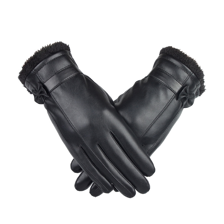 Дамски ръкавици, JESWO, Екологична кожа, Черни, M