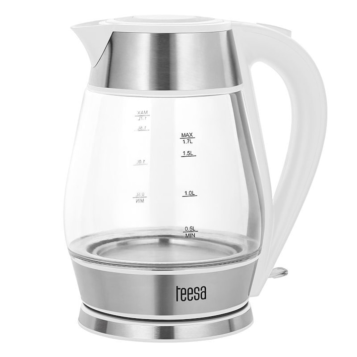 Fierbator electric cordless, Inox si Sticla, Capacitate 1.7 l, putere 2200 W, cana gradata, 24 x 21 x 16 cm