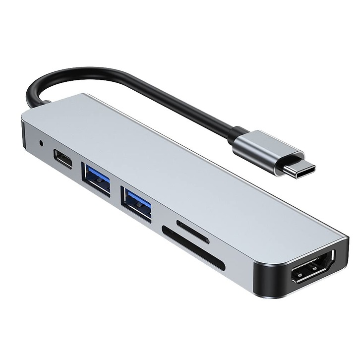 Адаптер за хъб 6 в 1 с входен щепсел Type-C, Bolongking, 1 HDMI 4k/30HZ, USB 3.0 USB 2.0, 1 порт Type-C, PD порт 60 W, TF SD четец на карти, сребрист