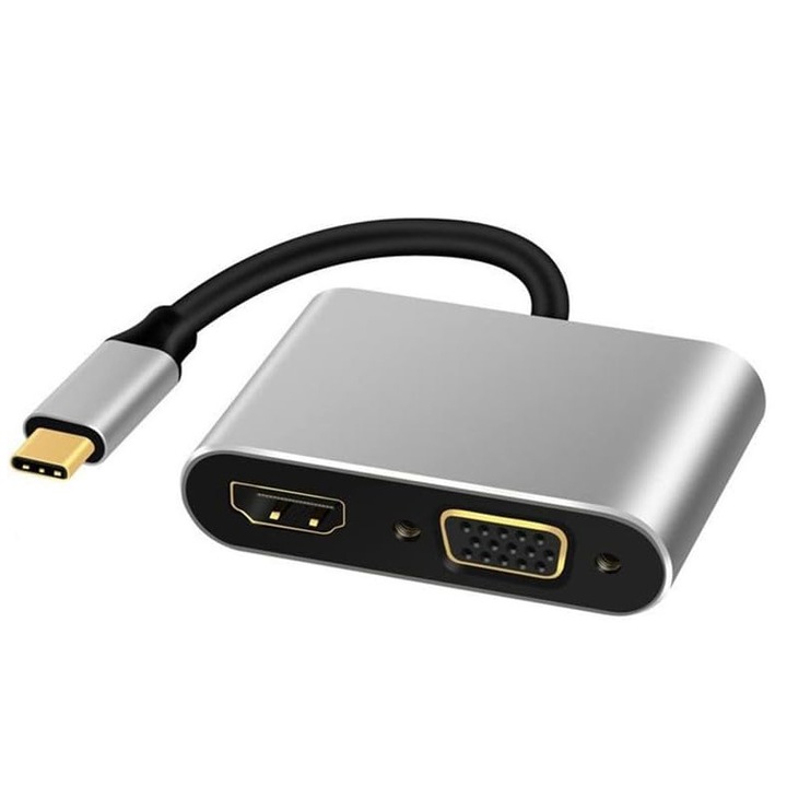 Адаптер Хъб, 4 в 1, HDMI 4K 30Hz, Type-C към HDMI VGA, USB-C PD 87W, за MacBook, Chromebook, Bolongking, сив