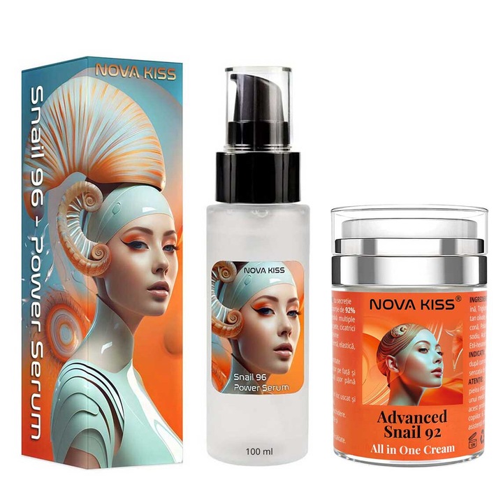 Set Facial Secretie Firltrata de Melc NOVA KISS® cu Ser 96% Snail Power si Crema Advanced Snail 92 All in One