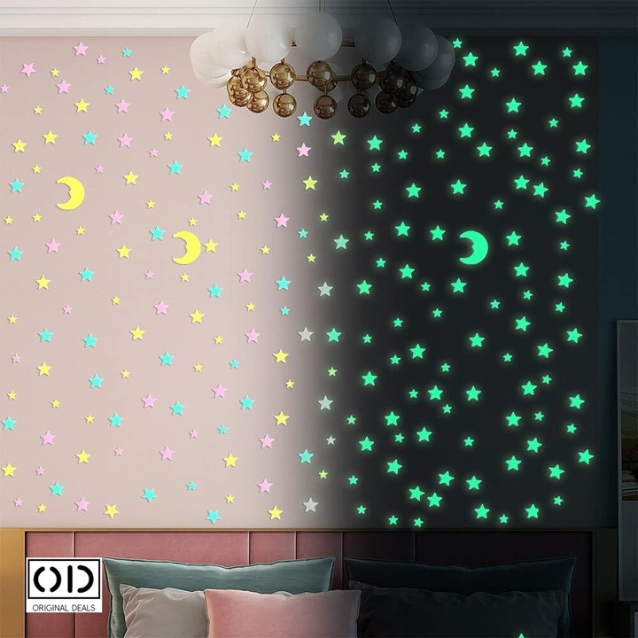 Stickere Fosforescente Autoadezive pentru Decorarea Peretilor si Camera Copilului, Colorate, 201 Bucati, Stelute si Semiluna, ORIGINAL DEALS