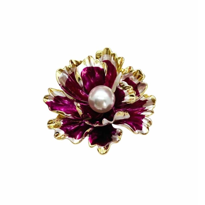 Brosa Floare, baza aurie, petale mov, cu centru din perla, 5 cm, Madamme Bijoux