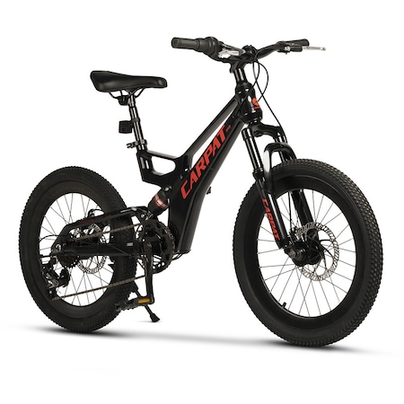Bicicleta MTB cu Roti de 20", Dubla Suspensie, Frane DISC fata/spate, 7 Viteze, Schimbator Shimano, negru cu rosu, Mountain Bike Carpat Pro Genius cu cadru din Aluminiu pentru copii 7/10 ani-Intre 110-140 cm