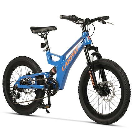 Bicicleta MTB cu Roti de 20", Dubla Suspensie, Frane DISC fata/spate, 7 Viteze, Schimbator Shimano, albastru cu portocaliu, Mountain Bike Carpat Pro Genius cu cadru din Aluminiu pentru copii 7/10 ani-Intre 110-140 cm