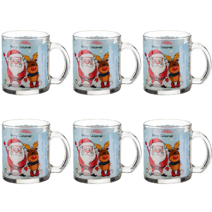 Set 6 cani motiv Craciun ISJ2591, Sticla, 315ml, Transparent