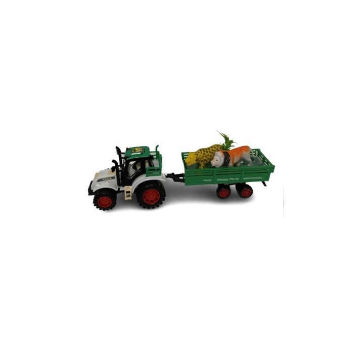 Jucarie Tractor cu Remorca si 2 figurine animale salbatice, culoare verde, dimensiune 34 x 9.5 x 8 cm