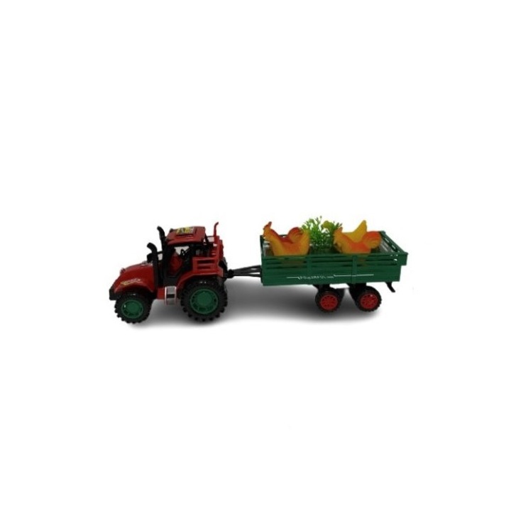 Jucarie Tractor cu Remorca si 4 figurine pasare, culoare rosu, dimensiune 34 x 9.5 x 8 cm