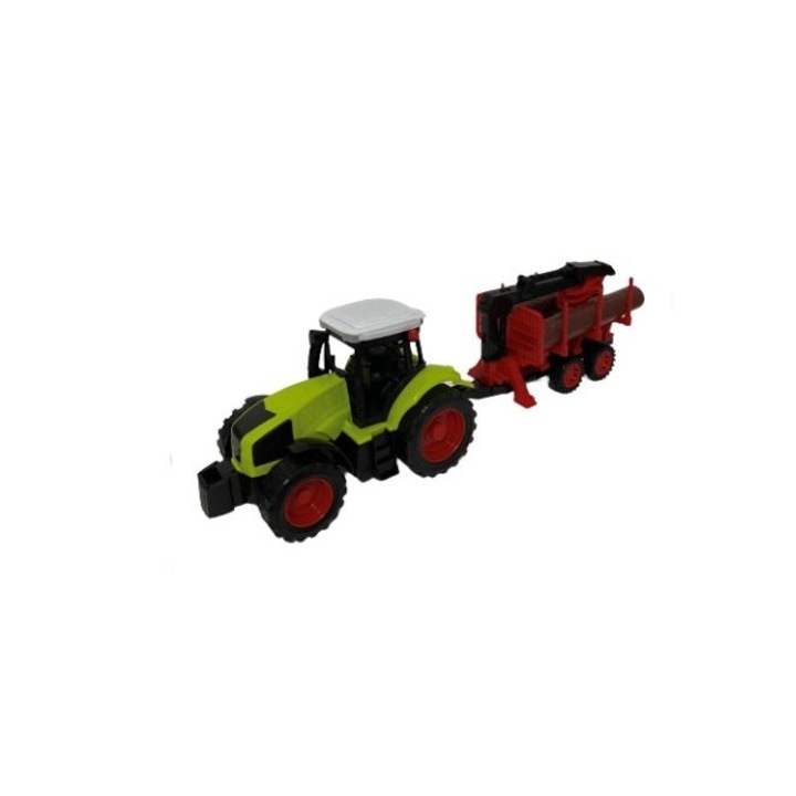 Jucarie Tractor cu Remorca, Macara si Busteni, culoare verde, dimensiune 36 x 10.5 x 9 cm