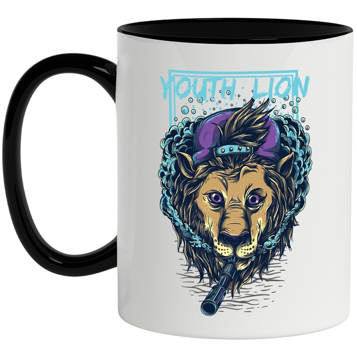 Cana Cu Mesaj In Engleza Youth Lion, Leul Tineretului, Fum, Sapca, Vape, Multicolor 330 ml, Ceramica cu Maner Negru