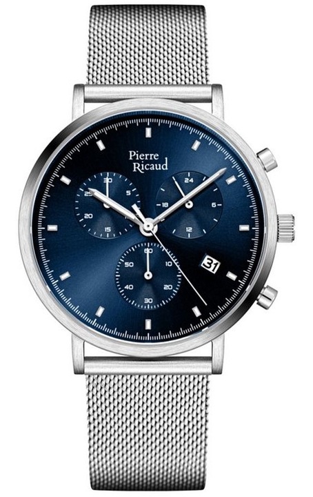 Ceas barbati, Pierre Ricaud, P60046.5115CH, Inox, Functie cronograf, Argintiu