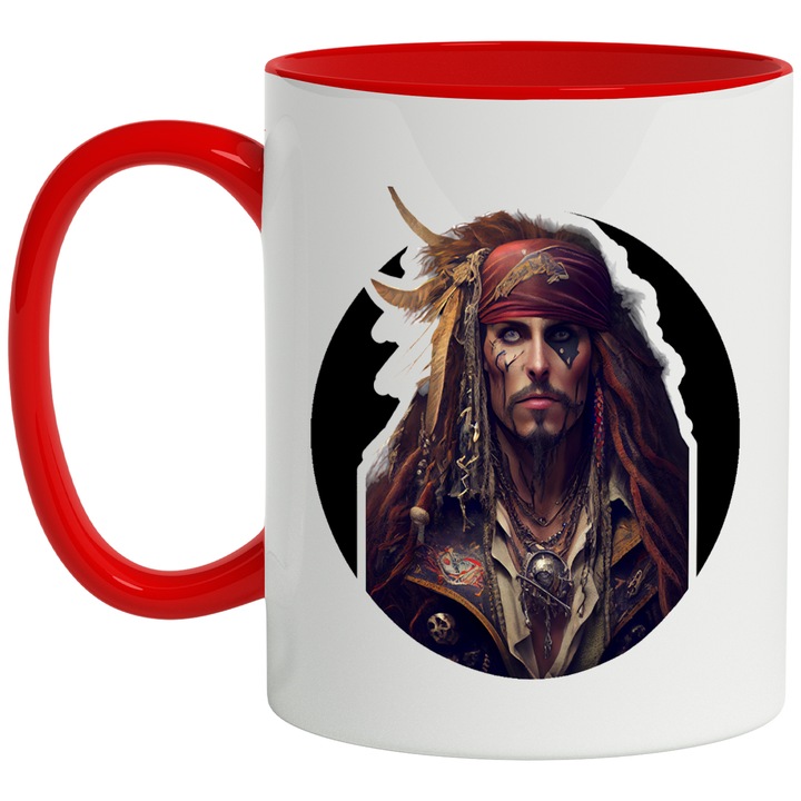 Bögre Jack Sparrow-val, Karib-tenger kalózai, Filmkedvelők, Johnny Depp, Kapitány, Többszínű 330 ml, Kerámia Piros fogantyúval