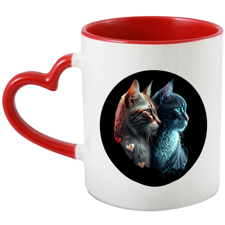 Cana Cu Pisici, Inima, Feline, Blana, Multicolor 330 ml, Ceramica cu Maner Inima Rosie