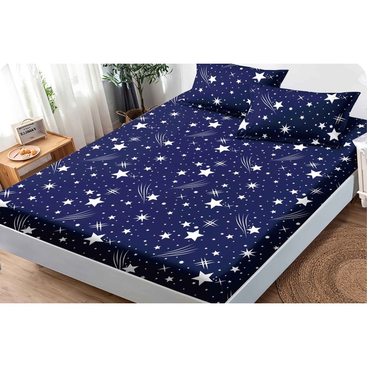 Спално бельо и 2 калъфки за възглавници, Finet, 2 лица, щампа звезди, 160x200 см, Бял/Син