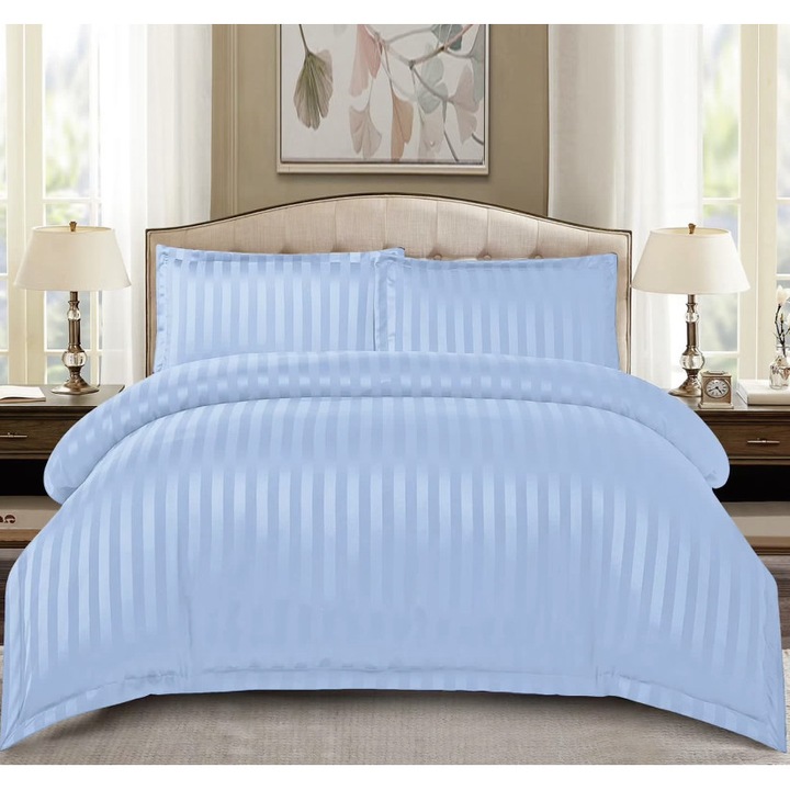 Двоен комплект спално бельо с ластик, 2 лица, тип дамаска, обикновен, 4 части, Linjemania, фин/памук, чаршаф 180 x 200 x 25 cm, чаршаф 200 x 230 cm, 2 калъфки за възглавници 55 x 80 cm, райе 1 cm , синьо, DMCC-006