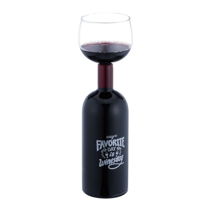 Pahar de vin XL, in forma de sticla de vin, cu inscriptie "My favorite day is winesday", cadou amuzant pentru iubitorii de vin, 750 ml, transparent