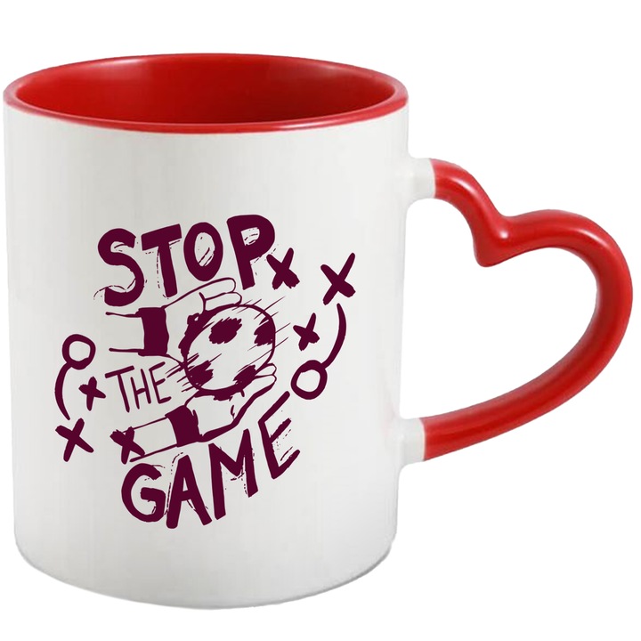 Cana Cu Mesaj In Engleza Stop The Game, Meci, Portar, Fotbal, Iubitori De Sport, Multicolor 330 ml, Ceramica cu Maner Inima Rosie