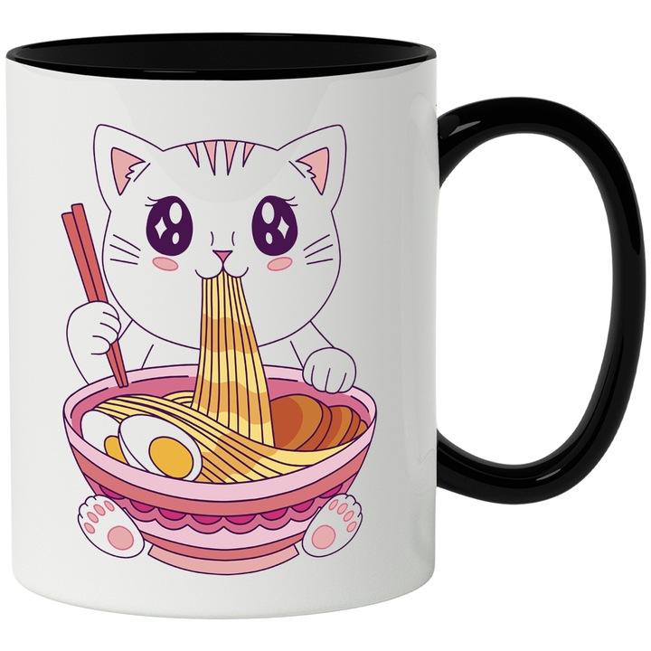 Cana Cu Pisica, Ramen, Betisoare, Mancare, Japonza, Kawaii, Multicolor 330 ml, Ceramica cu Maner Negru