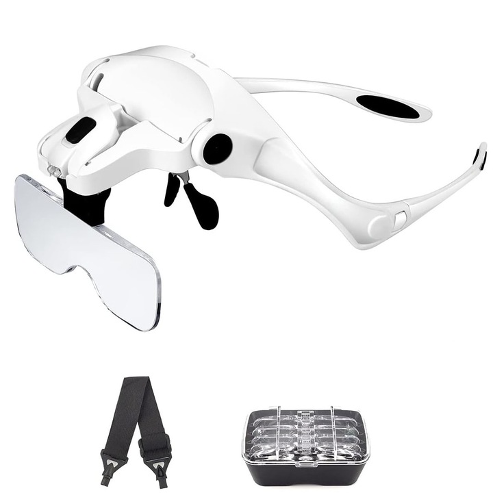 Lupa de cap Handy, Unghi reglabil, Cu iluminare LED, lentila dubla, 5 dimensiuni diferite, Zoom de 1x, 1.5x, 2x, 2.5x, 3.5x, Lentile detasabile, Pentru bijuterii, arta, mestesuguri si lucrari apropiate, Alb