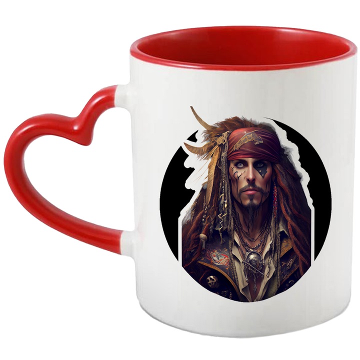 Bögre Jack Sparrow-val, Karib-tenger kalózai, Filmkedvelők, Johnny Depp, Kapitány, Többszínű 330 ml, Kerámia piros szív fogantyúval