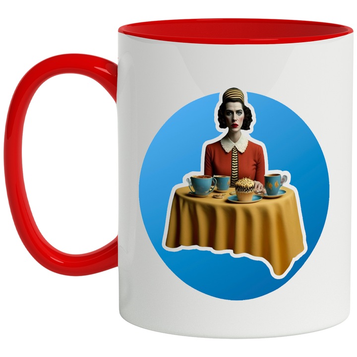 Cana Cu Masa, Cani, Ceai, Femeie, Palarie, Retro, Prajituri, Multicolor 330 ml, Ceramica cu Maner Rosu