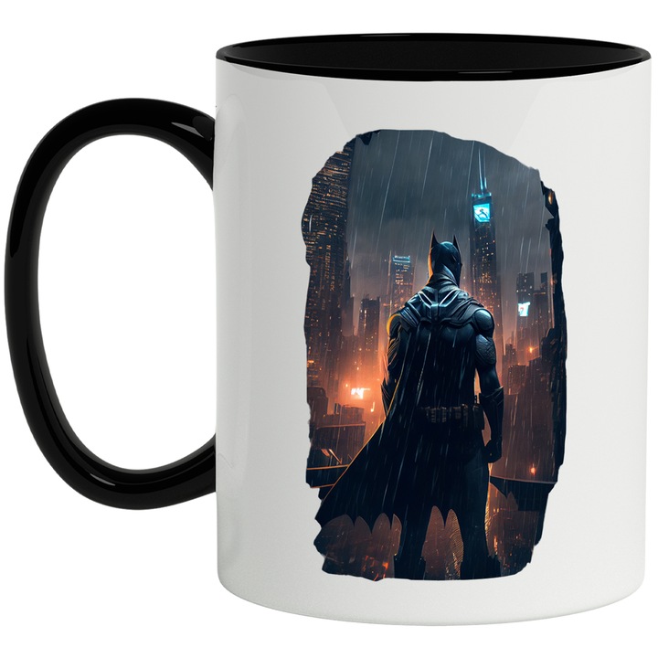 Cana Cu Batman, Supereroi, DC, Gotham, Ploaie, Oras, Iubitori De Filme, Multicolor 330 ml, Ceramica cu Maner Negru