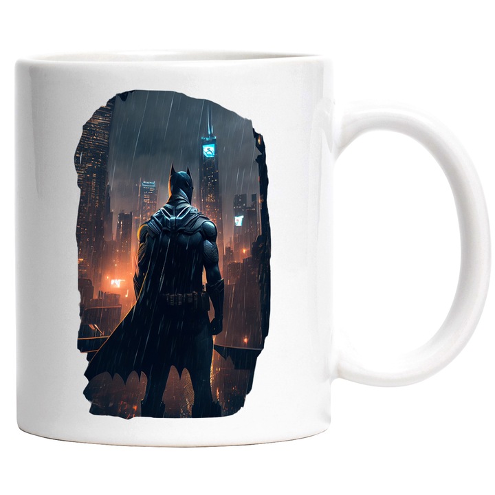 Cana Cu Batman, Supereroi, DC, Gotham, Ploaie, Oras, Iubitori De Filme, Multicolor 330 ml, Ceramica cu Maner Alb