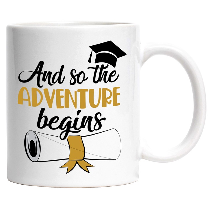 Bögre inspiráló üzenettel angolul és így The Adventure Beings, Ballagás, Diák, Tanuló, Diploma, Többszínű 330 ml, Kerámia fehér fogantyúval