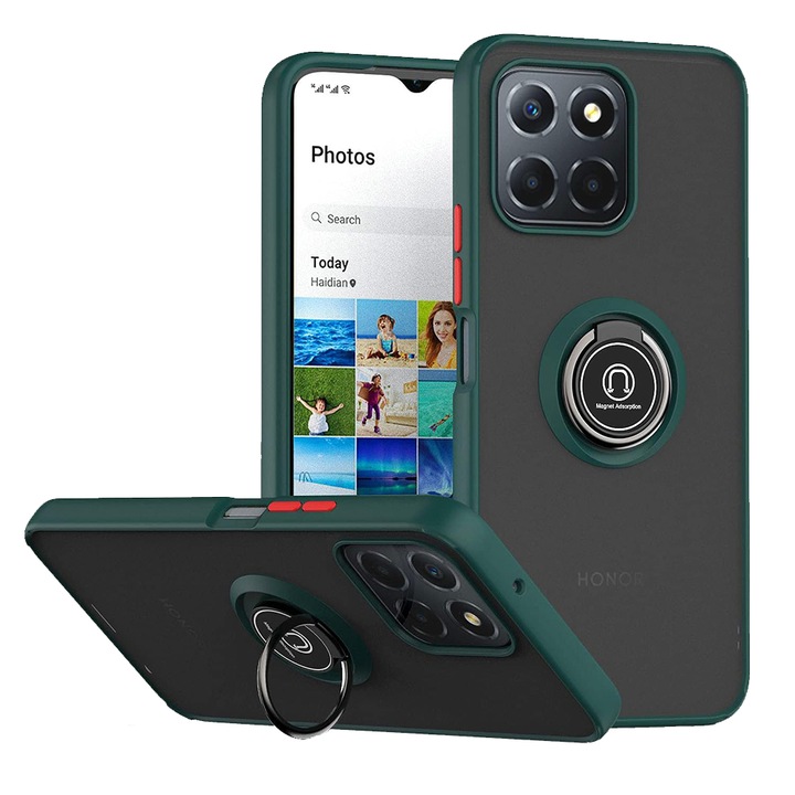 Husa Matte Ring Grip, Compatibil cu Honor X6a, Antisoc Armor, Inel rotativ 360 grade, Magnet suport auto incorporat, Verde Inchis