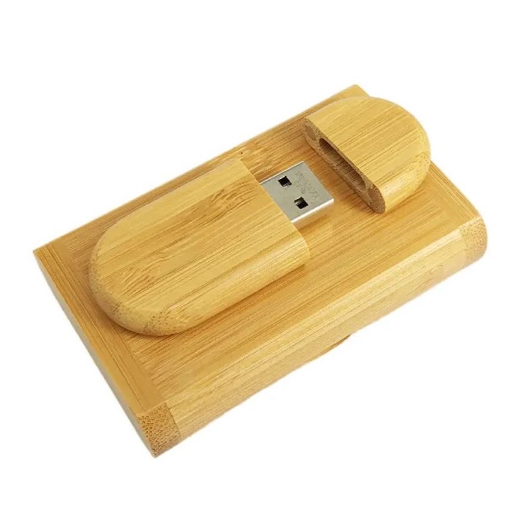 Memorie USB 128 GB, USB 3.0, din lemn si cutie, culoare bambus