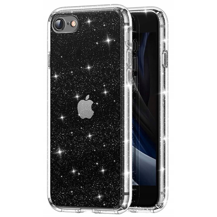 Glitter Shine tok kompatibilis Apple iPhone 7 / iPhone 8 telefonnal, Csillogó ékezetek, Szilikon, Teljes fedés, Megemelt élek, Vékony, Átlátszó