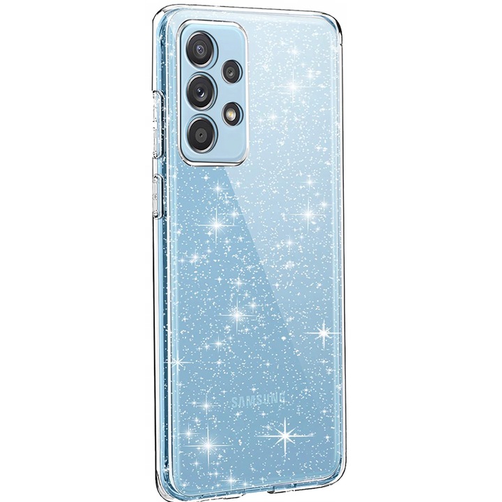 Калъф Glitter Shine, съвместим със Samsung Galaxy A52 / A52S, блестящи акценти, силикон, пълно покритие, повдигнати ръбове, тънък, прозрачен