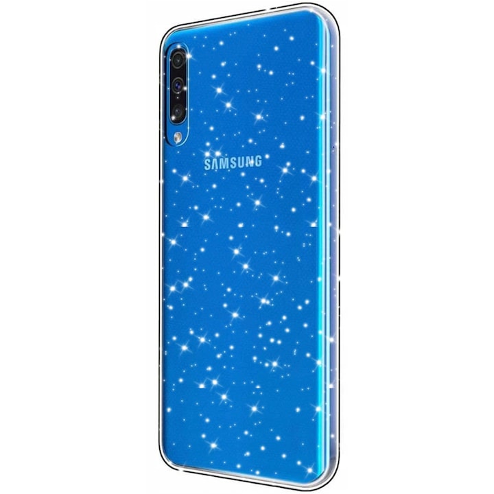 Панел Glitter Shine, съвместим със Samsung Galaxy A50 / A30S, блестящи акценти, силикон, пълно покритие, повдигнати ръбове, тънък, прозрачен
