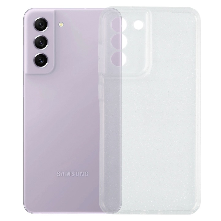 Калъф Glitter Shine, съвместим със Samsung Galaxy S21 FE, блестящи акценти, силикон, пълно покритие, повдигнати ръбове, тънък, прозрачен