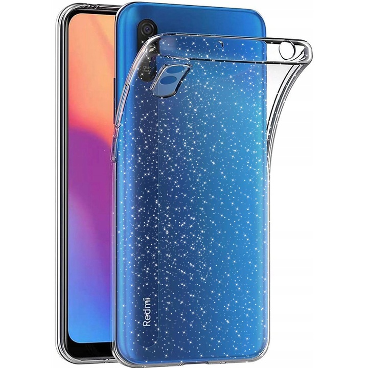Xiaomi Redmi 9A / 9AT / 9i-vel kompatibilis Glitter Shine tok, Csillogó ékezetek, Szilikon, Teljes fedés, Megemelt élek, Vékony, Átlátszó