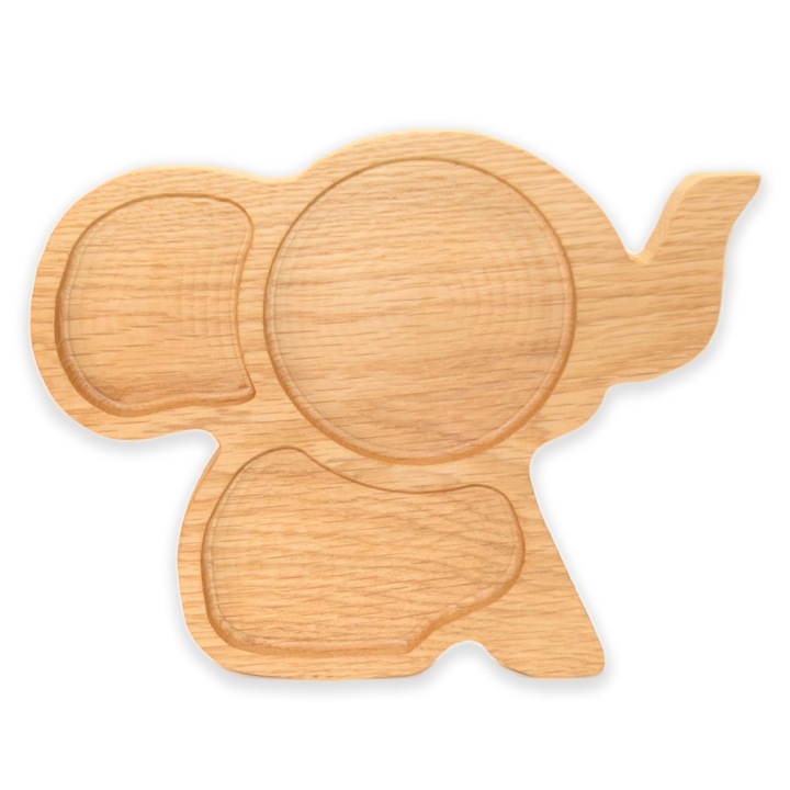 Platou servire pentru copii din lemn de stejar natur in forma de elefant, 25.5x 20cm