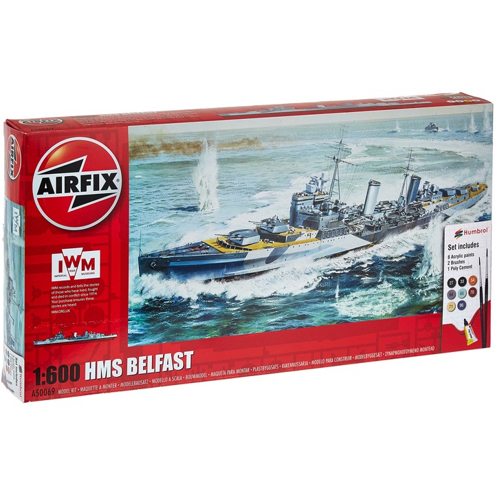 Kit de construit nava de razboi HMS Belfast, Lungime 31cm, Scara 1:600, vopsea, pensule si adeziv incluse, 14+