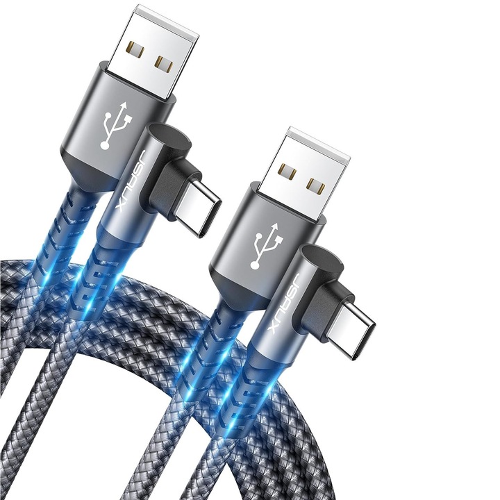 Cablu telefon, Jsaux, 2 buc, USB A la USB C 90 grade, Fast charge, universal, 4 m