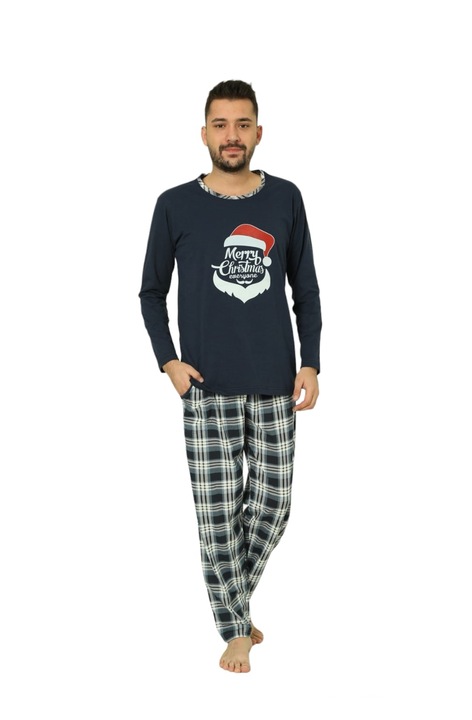 Karácsonyi modell férfi pizsama, hosszú nadrág, hosszú ujjú blúz, sötétkék, Tengerészkék, 2XL