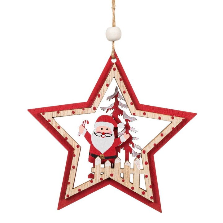Ornament pentru brad de Craciun Shopiens® din lemn, Stea Rosie Mos Craciun, 11 cm