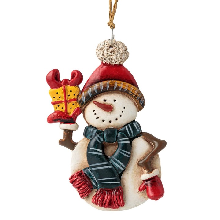 Ornament pentru brad de Craciun Shopiens® din ceramica, Om de Zapada cu Cadou, 9 cm