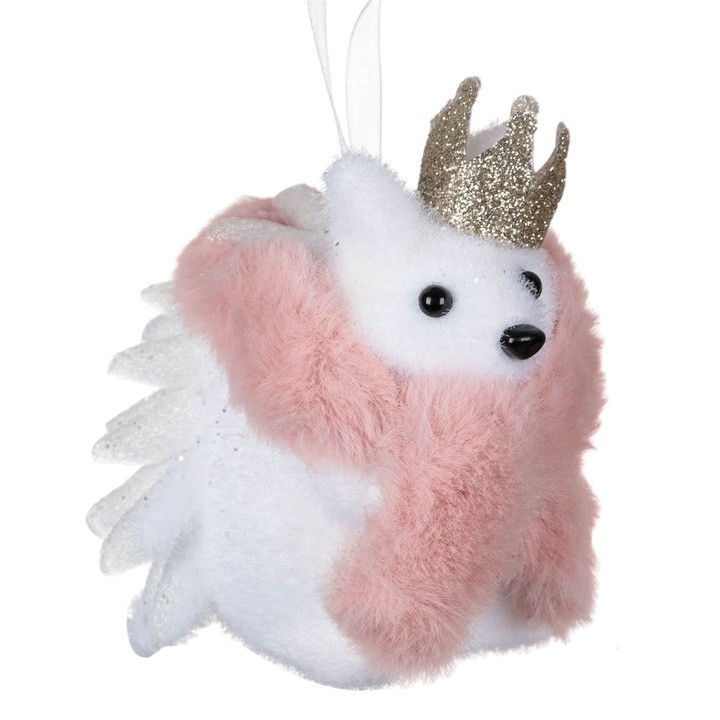 Ornament pentru brad de Craciun Shopiens® din spuma, Arici Alb Blana Roz Coronita, 10.5 cm