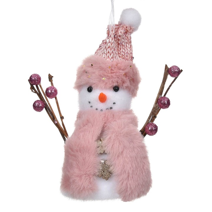 Ornament pentru brad de Craciun Shopiens® din spuma, Om de Zapada Alb Fular Caciula Roz, 16 cm