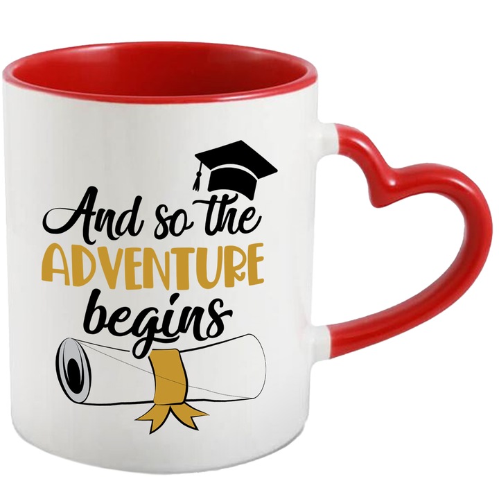 Bögre inspiráló üzenettel angolul és így The Adventure Beings, Ballagás, Diák, Tanuló, Diploma, Többszínű 330 ml, Kerámia piros szív fogantyúval