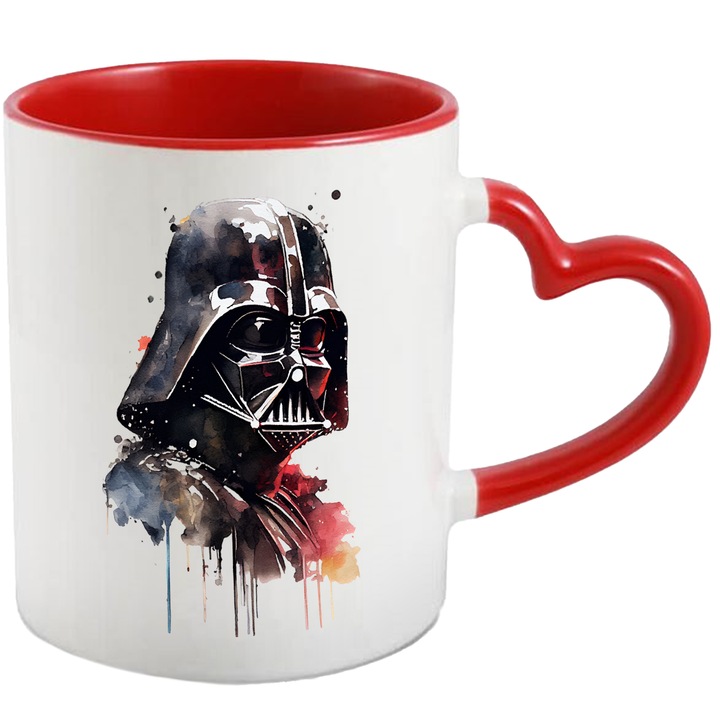 Cana Cu Darth Vader, Star Wars, Sci-Fi, Efect Acuarele, Iubitori De Filme, Multicolor 330 ml, Ceramica cu Maner Inima Rosie