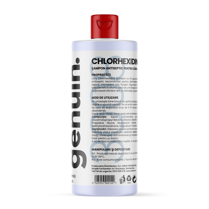 Genuin Sampon Antiseptic Veterinar cu Chlorhexidine 4% pentru Caini, Pisici si Cai, Sanitizant Puternic, Formula Blanda, Testat Dermatologic, pH Echilibrat, Curatare Profunda, Calmant, 1 Litru, Concentrat Economic